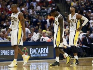 Pacers' West, Stephenson and George react near the end of Game 3 of their NBA Eastern Conference final basketball playoff series against the Heat in Indianapolis
